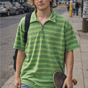 Vintage Twenty Six Red Green Striped Velour Point Collar Zip Men's Polo Shirt